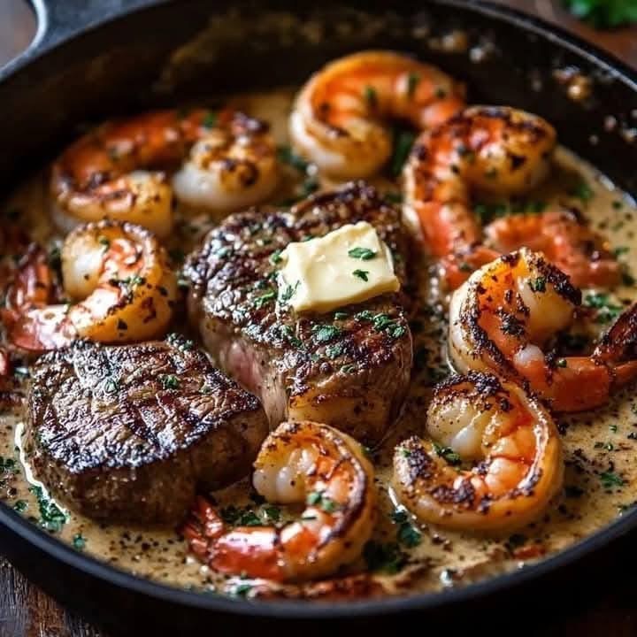 Surf and Turf (Steak and Shrimp in Creamy Garlic Sauce)