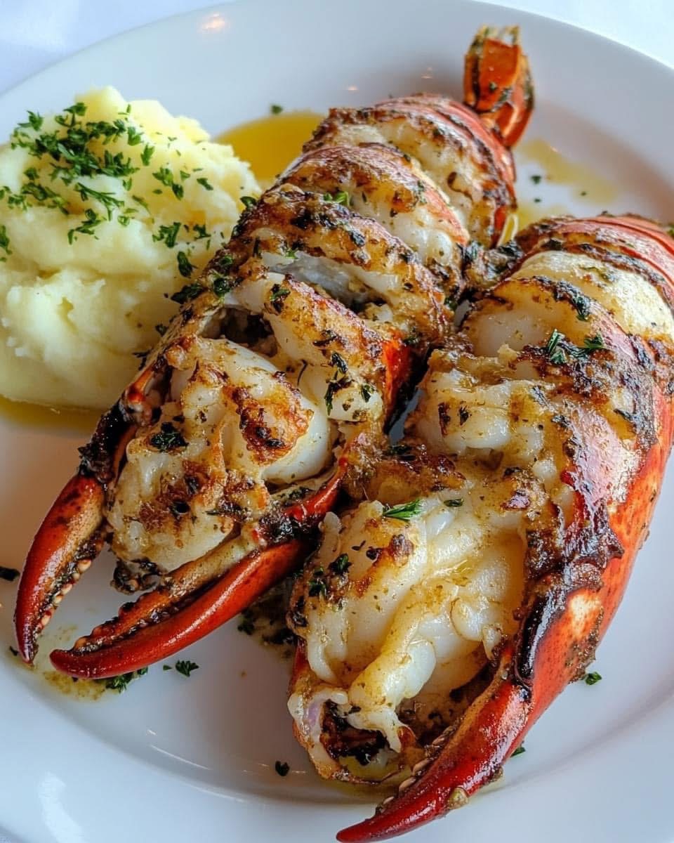 Baked Lobster Tails with Garlic Herb Butter Sauce and Mashed Potatoes