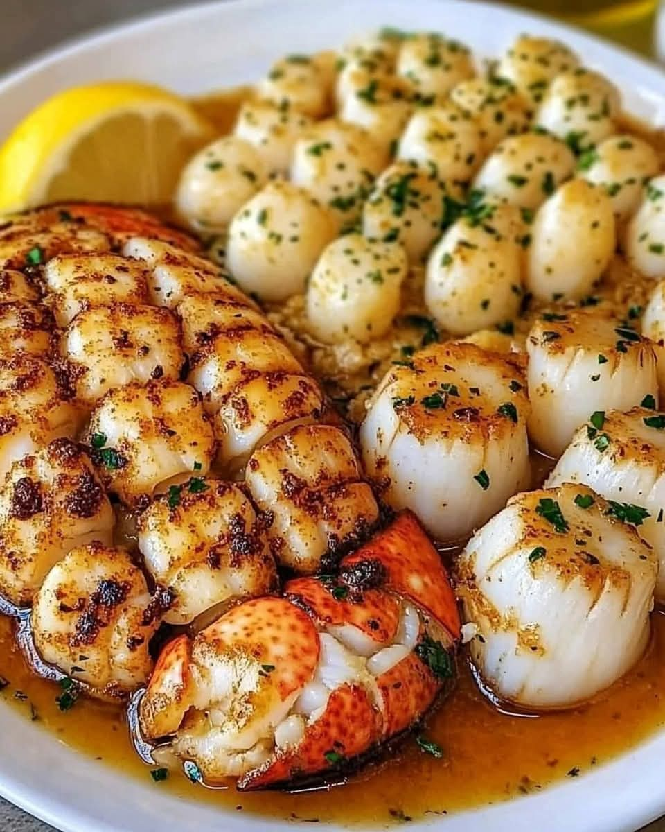 Garlic Butter Lobster Tail and Scallops