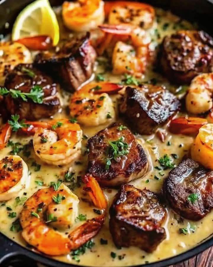 Steak  and seafood skillet with Garlic Parmesan Cream Sauce